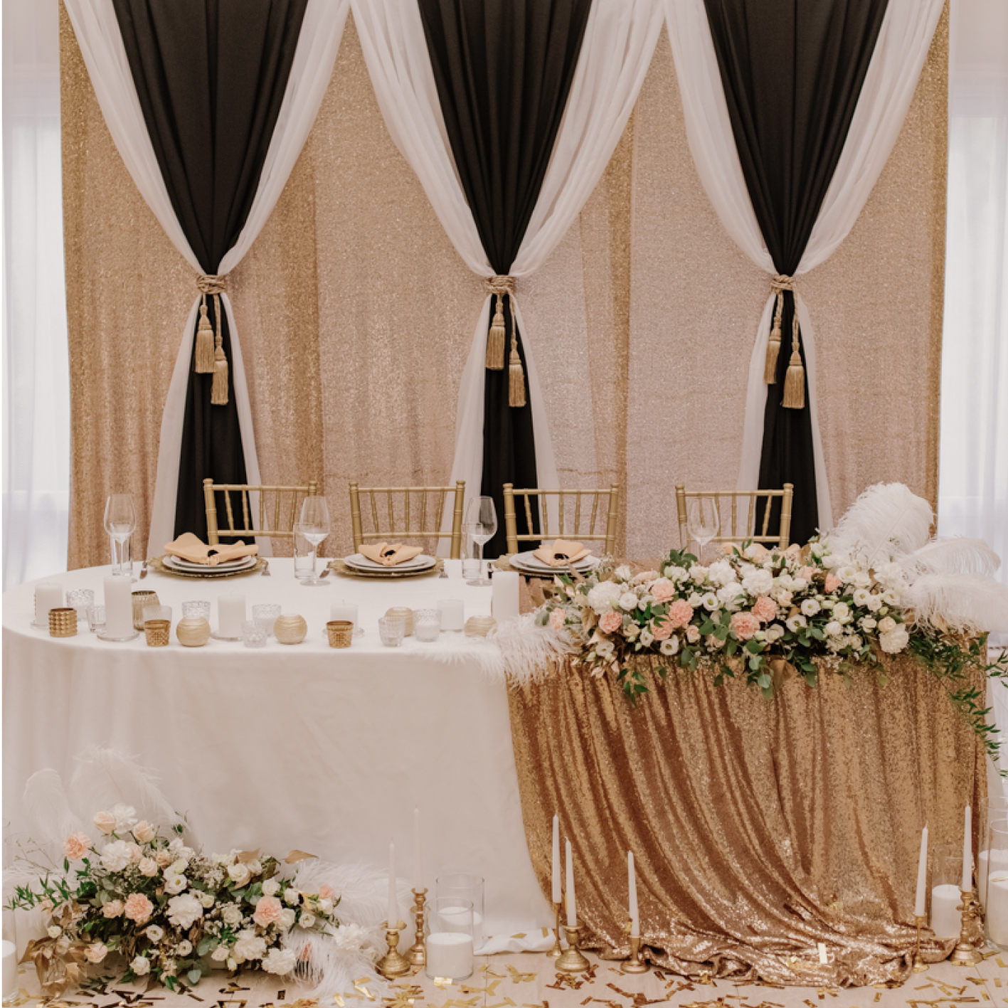 black and gold, decoration, wedding table, bride and groom