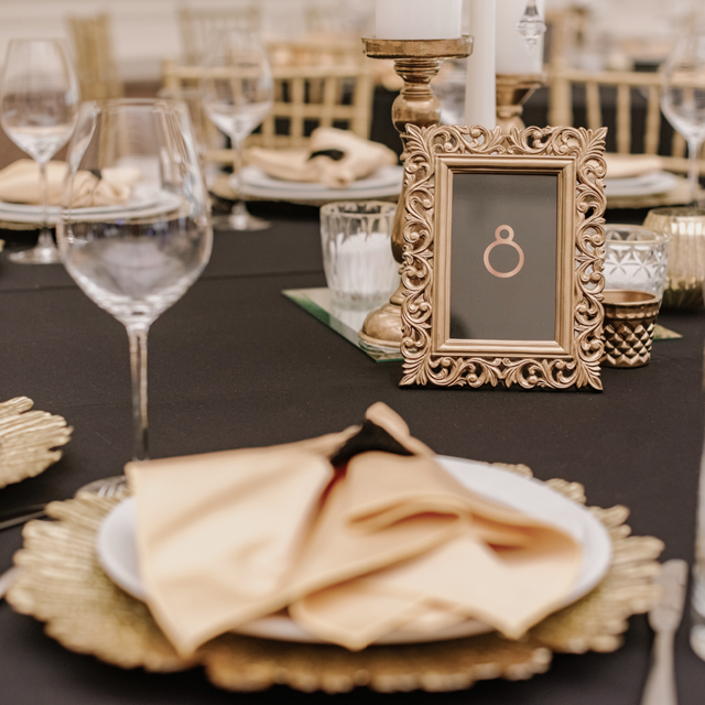 black and gold, decoration, wedding table